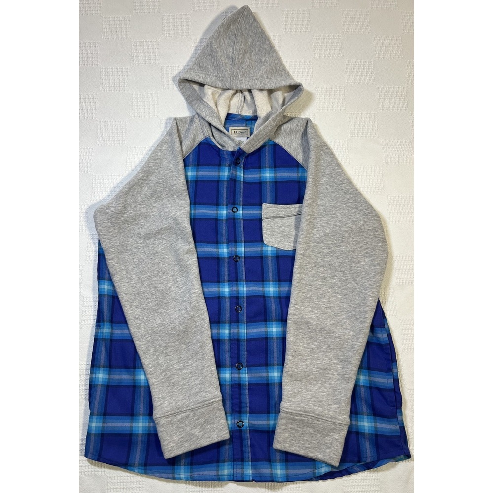 LL Bean Boys Flannel Sweatshirt Hoodie L 14-16 Snaps Up Blue Plaid